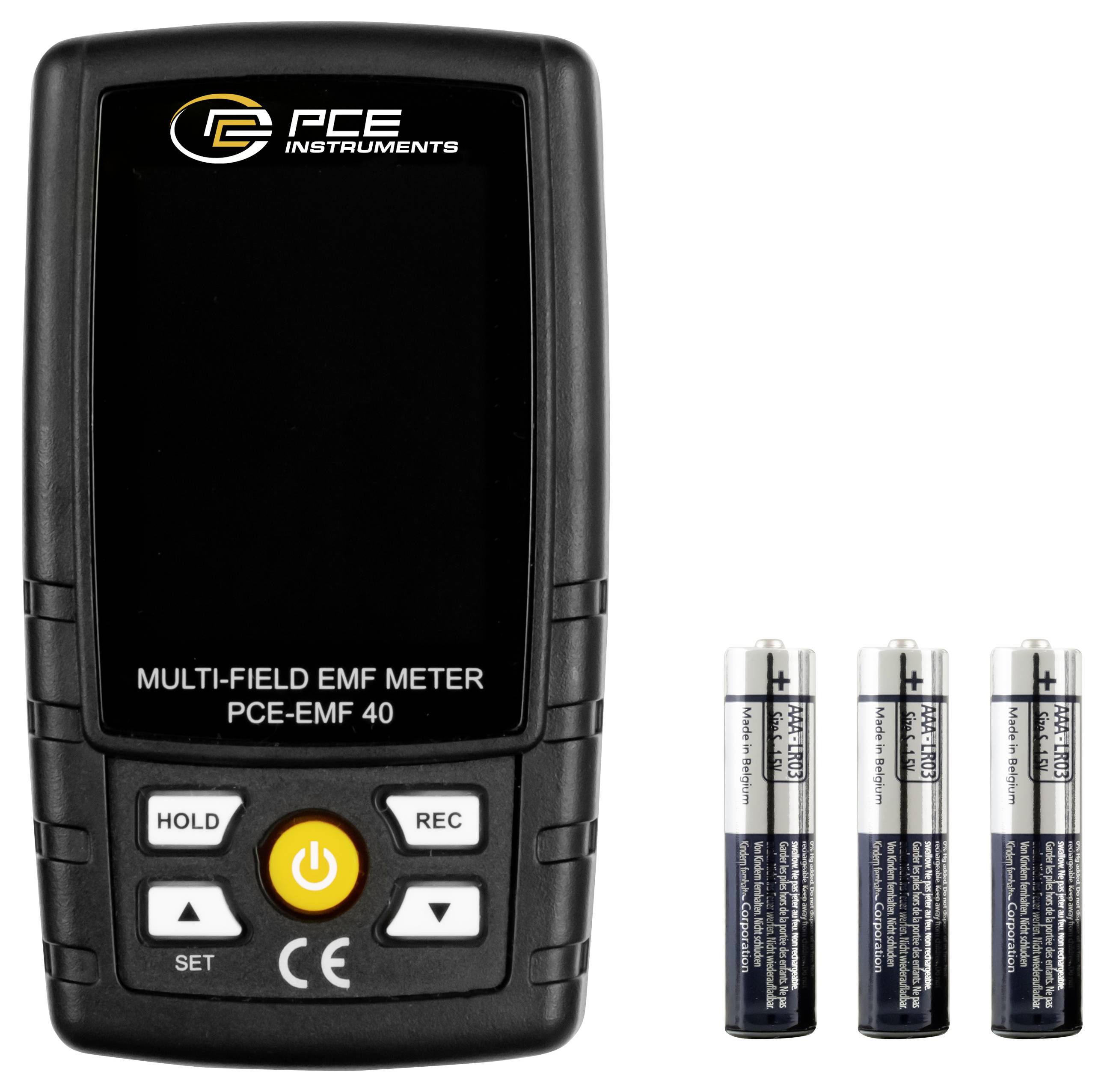 PCE Instruments Multi-Feld-EMF-Messgerät mit Tasten, daneben drei AAA-Batterien abgebildet.