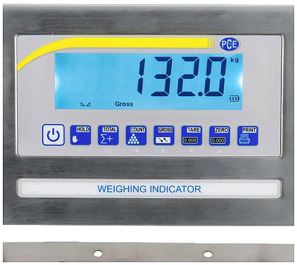 Ein digitales Display zeigt '132,0 kg' an, mit Tasten für Funktionen wie 'TARE' und 'PRINT'. Beschriftung: 'WEIGHING INDICATOR'.
