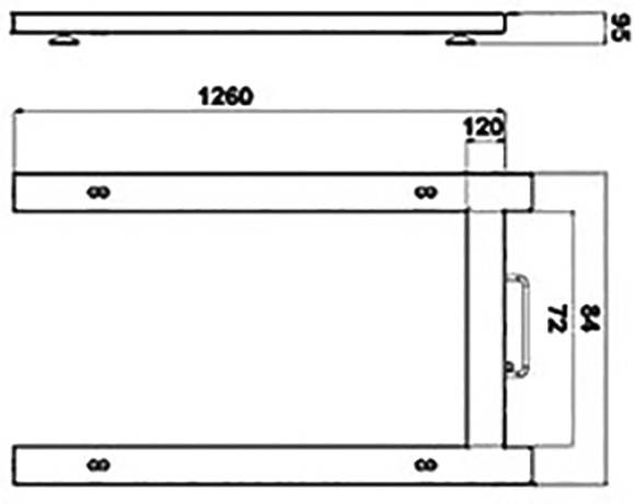 Technische Zeichnung eines rechteckigen Objekts mit den Maßen 1260 x 95 mm. Seitenansicht zeigt Griff; Draufsicht zeigt weitere Details.