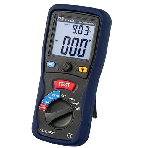 Tragbares elektrisches Prüfgerät, das auf seinem Display 9,03 V Batterie und 0,00 V AC anzeigt, mit sichtbarem Testknopf und Drehwahlschalter.