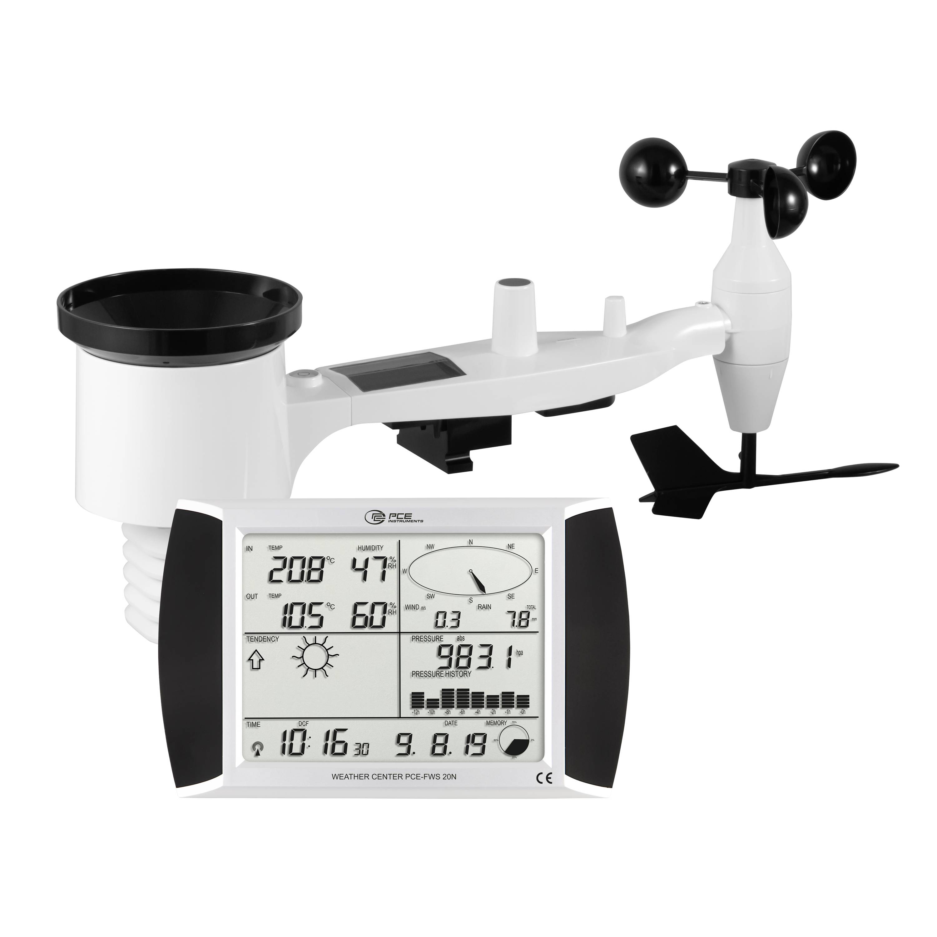 Kabellose Wetterstation mit Außensensor, Anemometer und digitaler Innenanzeige, die Temperatur, Luftfeuchtigkeit, Luftdruck und Zeit anzeigt.