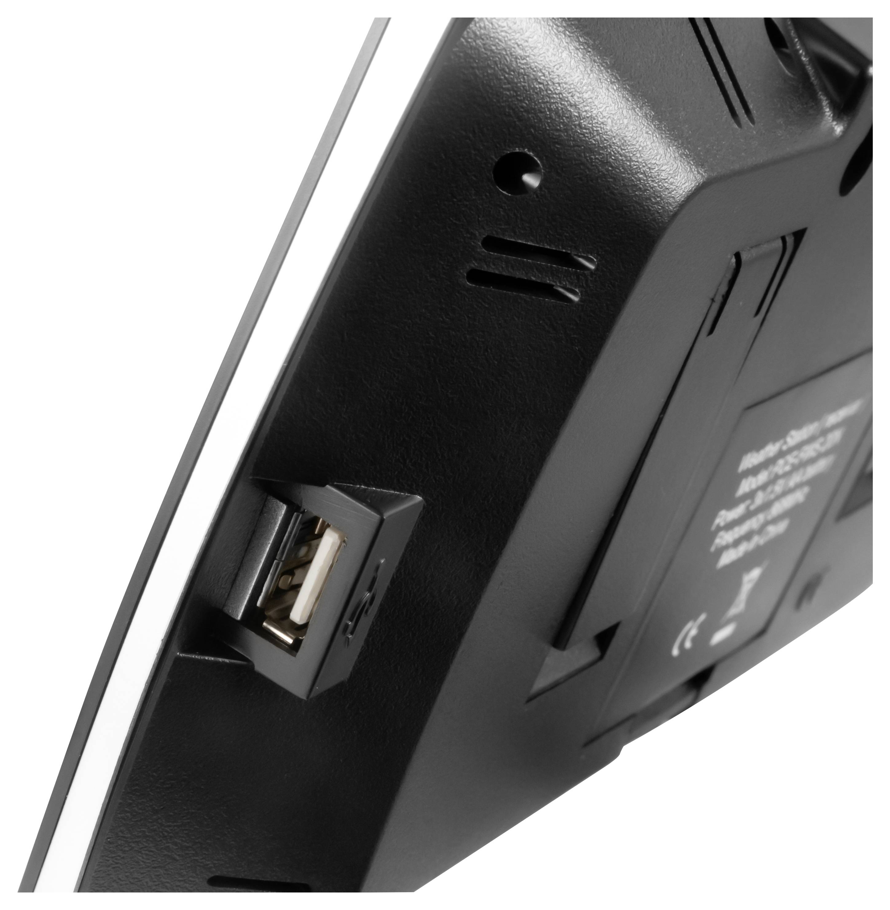 Nahaufnahme der Rückseite eines digitalen Bilderrahmens mit USB-Anschluss und Bereich für Wandmontage/Ständer.