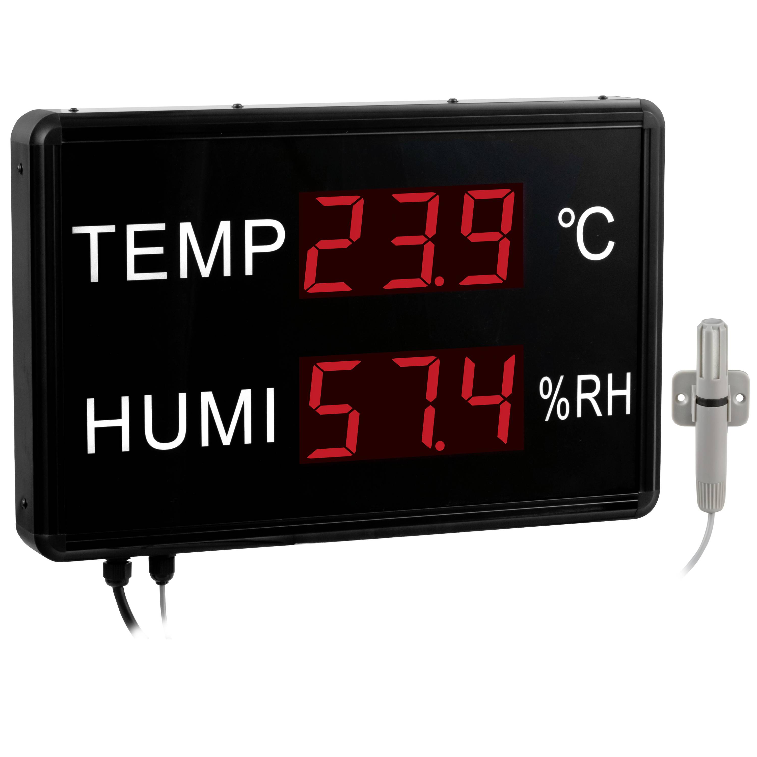 Digitale Temperatur- und Feuchtigkeitsanzeige mit einer Anzeige von 23,9 °C und 57,4% RF mit angeschlossenem Sensorfühler.