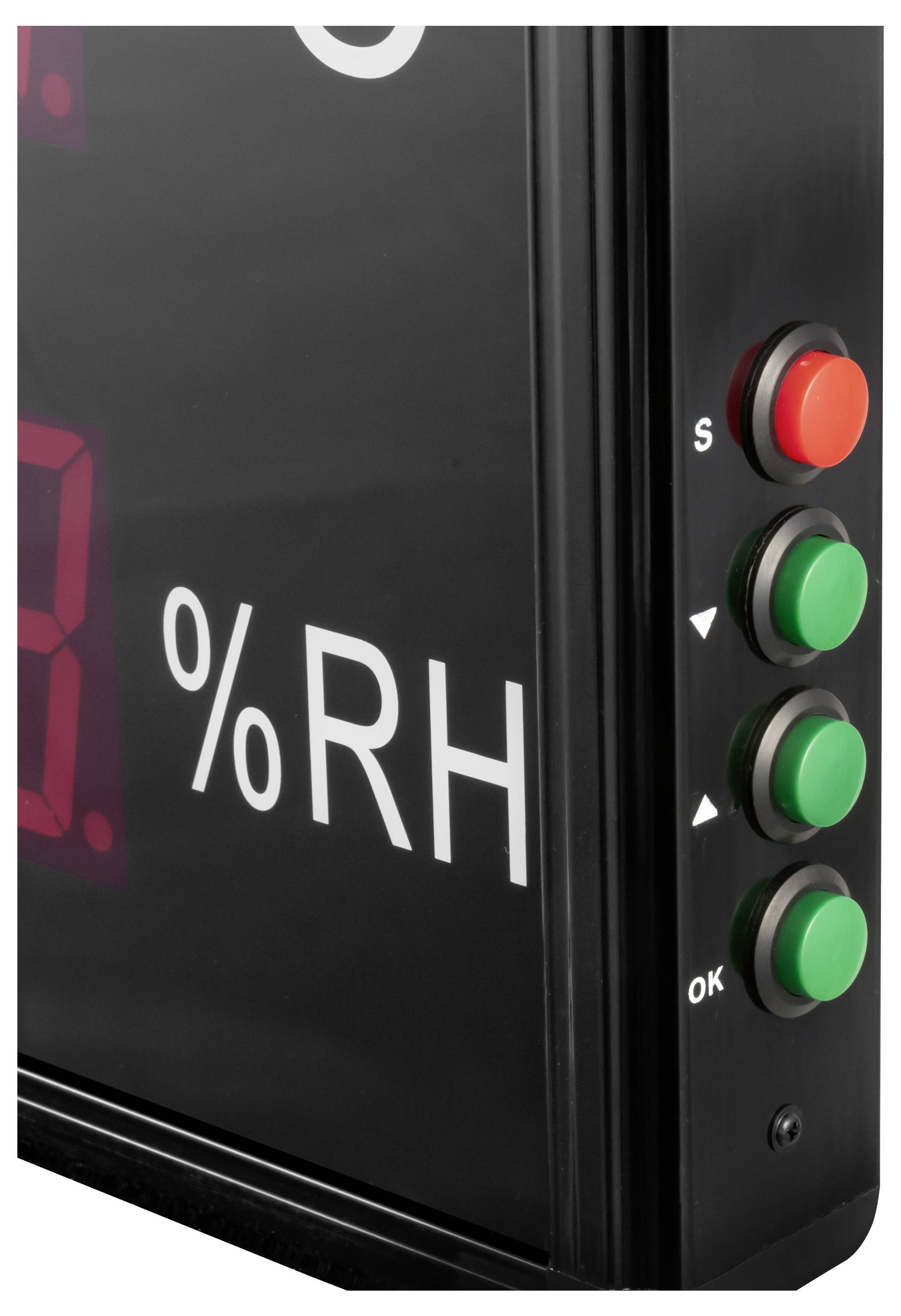 Schwarzes digitales Feuchtigkeitsreglerpanel mit Anzeige „%RH