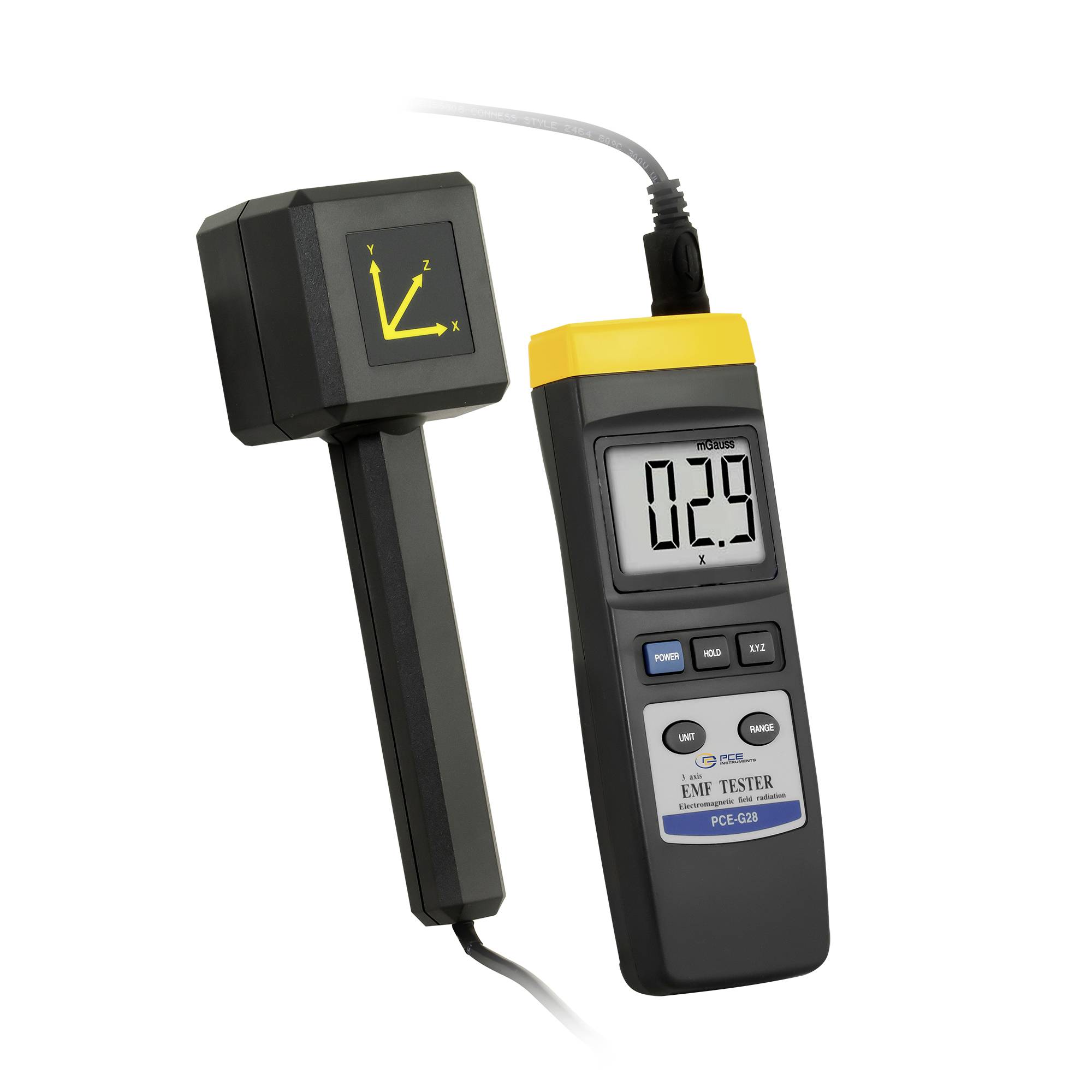 Tragbarer EMF-Detektor mit separater Sensorsonde, digitale Anzeige zeigt 0,39 und 0,2, auf weißem Hintergrund dargestellt.