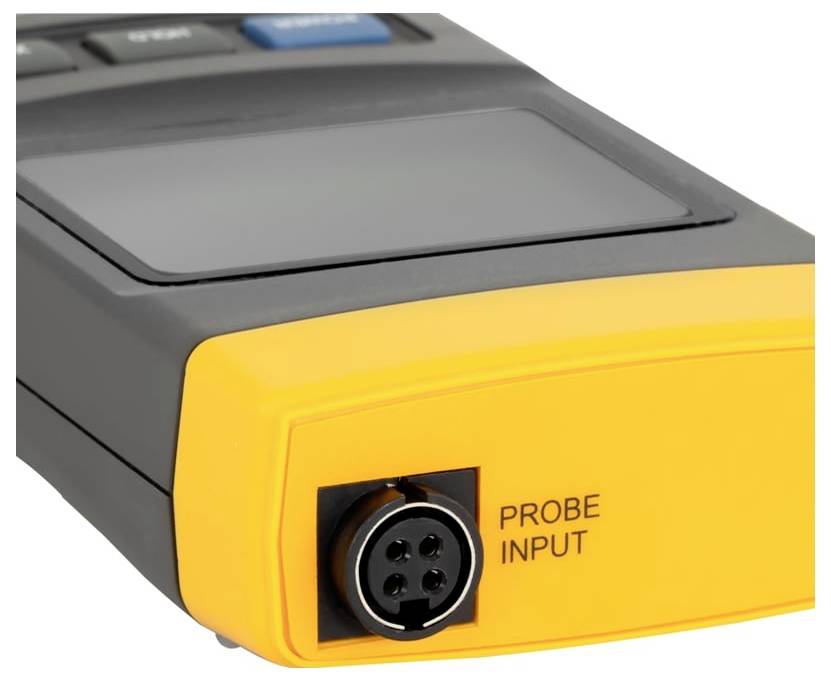 Nahaufnahme eines tragbaren elektronischen Geräts mit einem kreisförmigen Sondeneingangsport mit der Aufschrift „PROBE INPUT