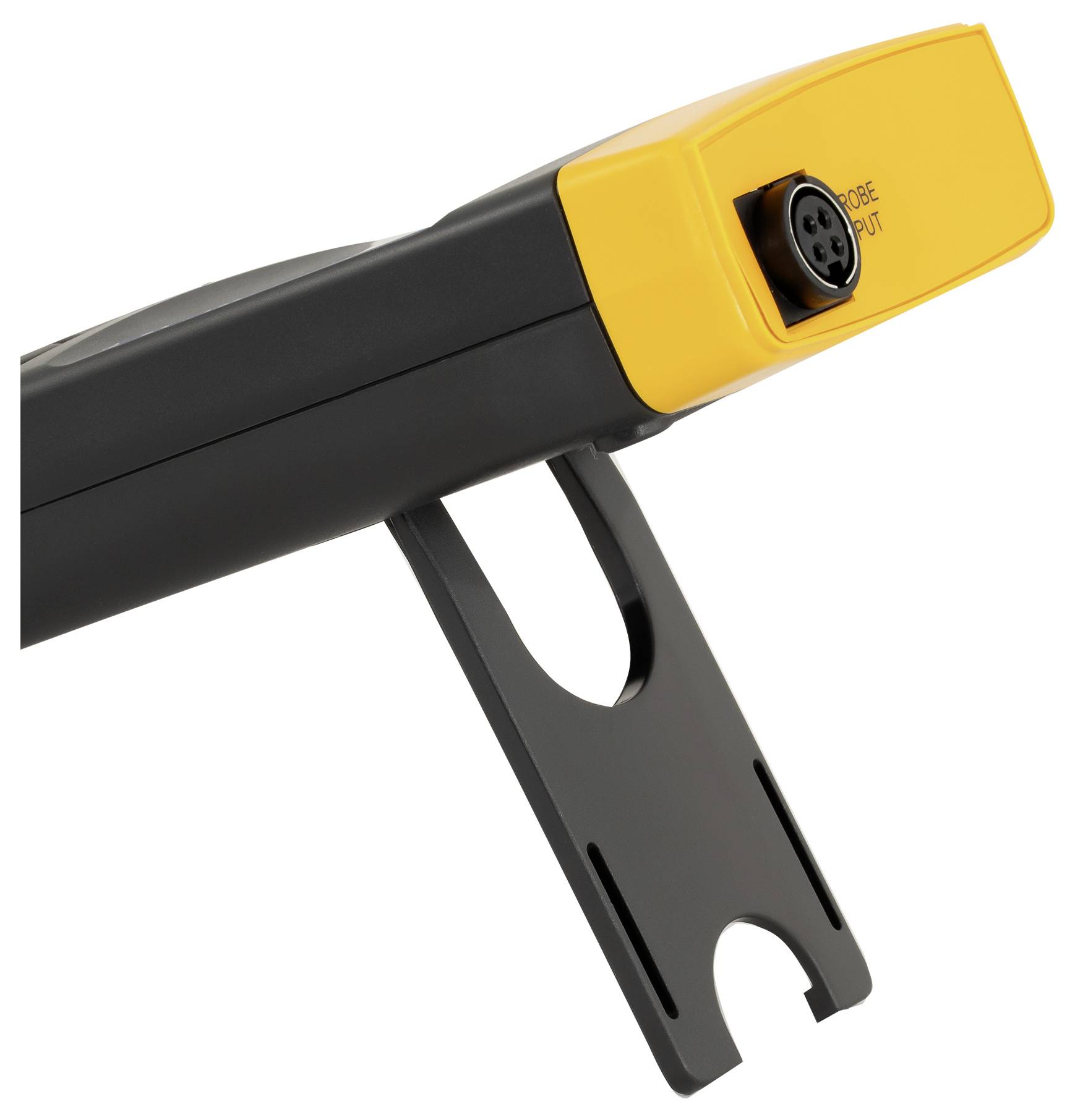 Nahaufnahme eines schwarzen und gelben tragbaren Werkzeugs mit einem 4-Pin-Messsondenstecker und einer Aufhängehalterung.
