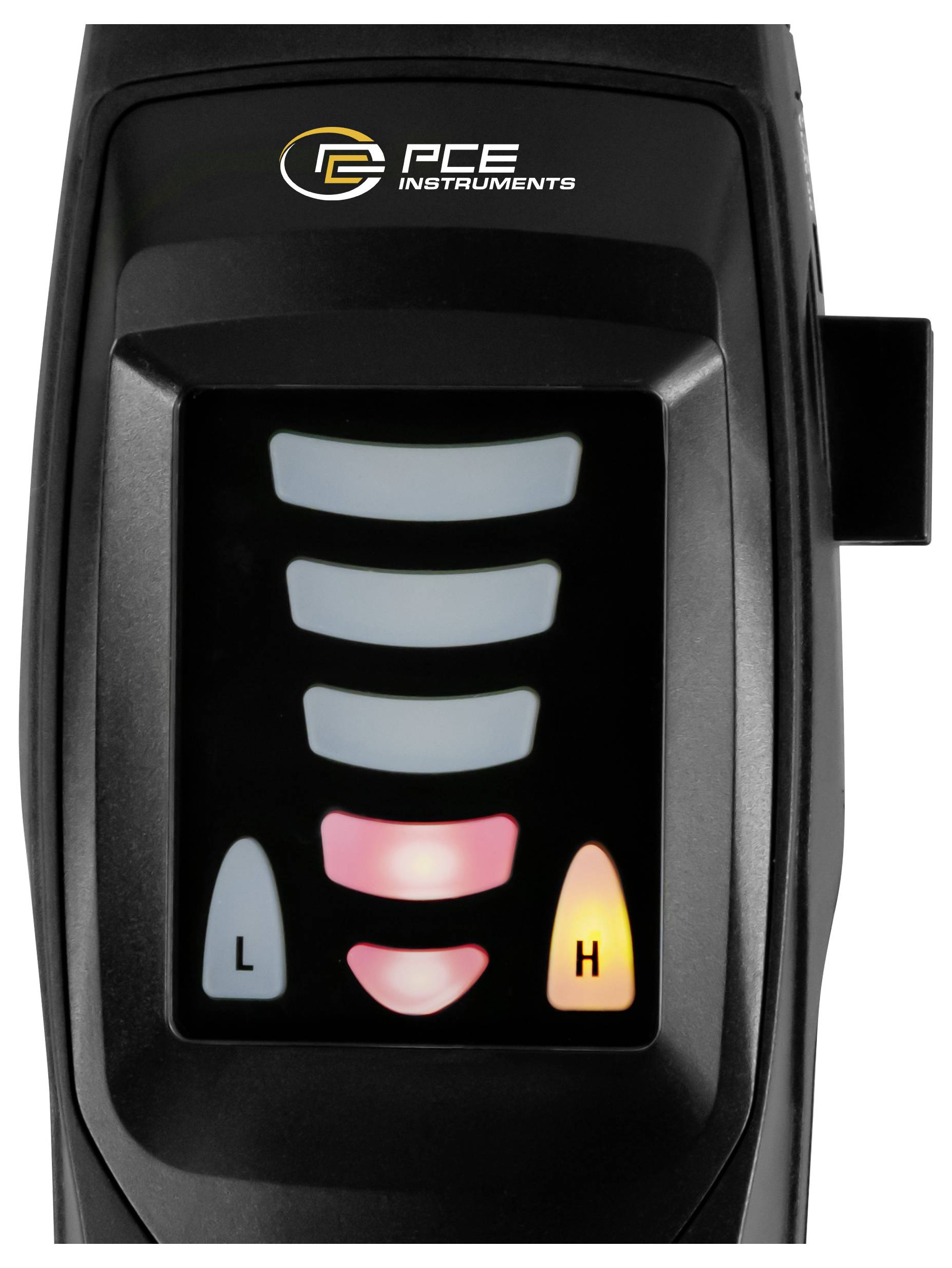 PCE Instruments tragbares Messinstrument-Display mit stapelweise angeordneten Balken und L/H-Indikatoren, die den Messstatus von niedrig bis hoch anzeigen.