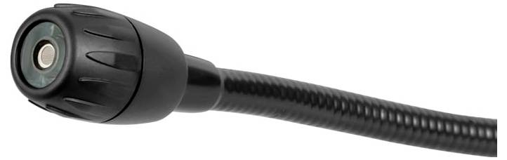 Schwarze flexible Gänsehals-Inspektionskamera oder Schlauch mit einer kreisförmigen linsenartigen Spitze auf weißem Hintergrund