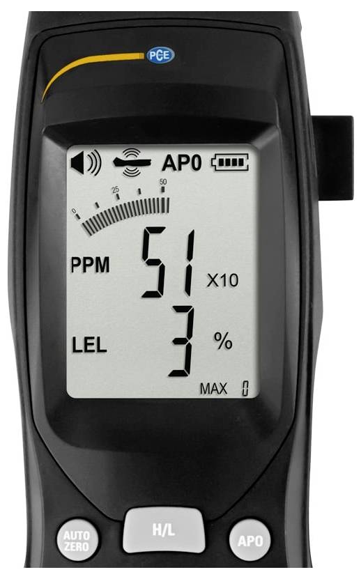 Tragbarer Gasdetektor zeigt eine Anzeige von 51 PPM und 3% LEL mit sichtbaren Alarm- und Batteriesymbolen.