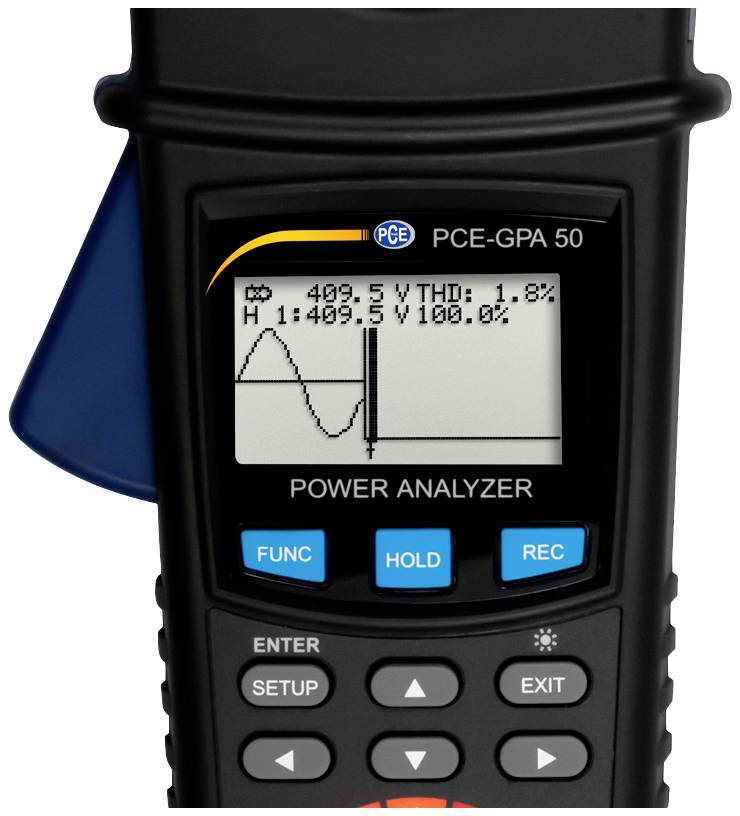 Ein Handgerät mit einer Anzeige zeigt eine Wellenformgrafik, '409,5 V THD: 1,8%' und 'Hz: 409,5 V 100,0%'. Tasten für Funktionen sichtbar.