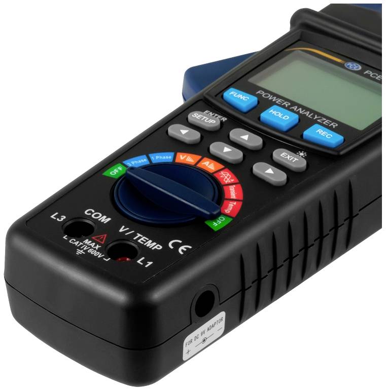 Ein digitaler Leistungsanalysator mit einem Display und mehreren farbigen Tasten zur Messung von elektrischen Parametern.