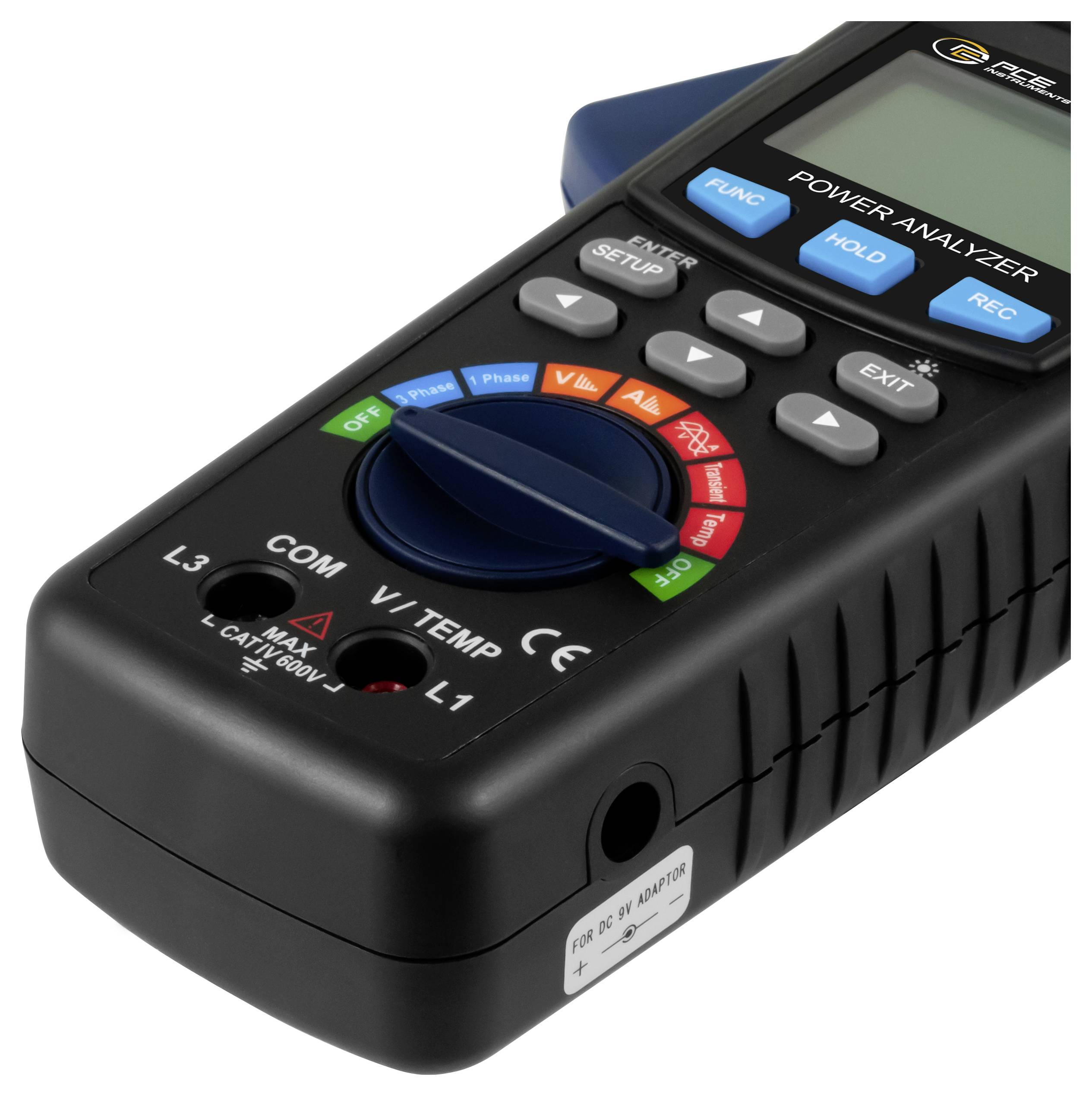 Tragbarer Stromanalysator mit Display, Steuertasten und Drehwähler zur Messung von Spannung, Strom und Leistung.