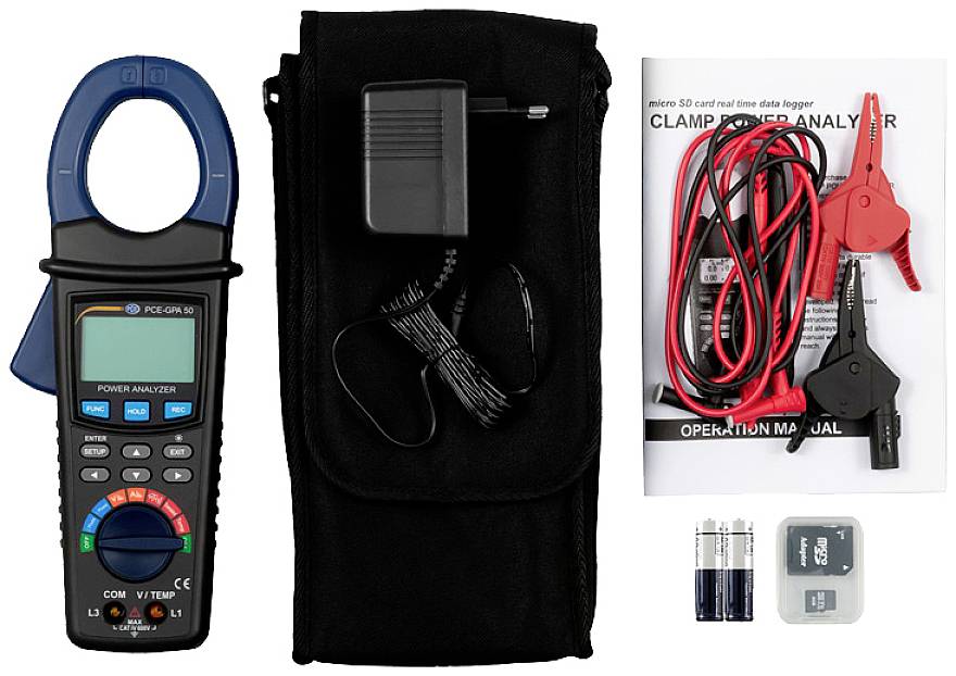 Stromzangen-Multimeter-Kit mit Kabeln, Anleitung, Netzteil und Batterien. Zur Messung elektrischer Parameter und Datenaufzeichnung.