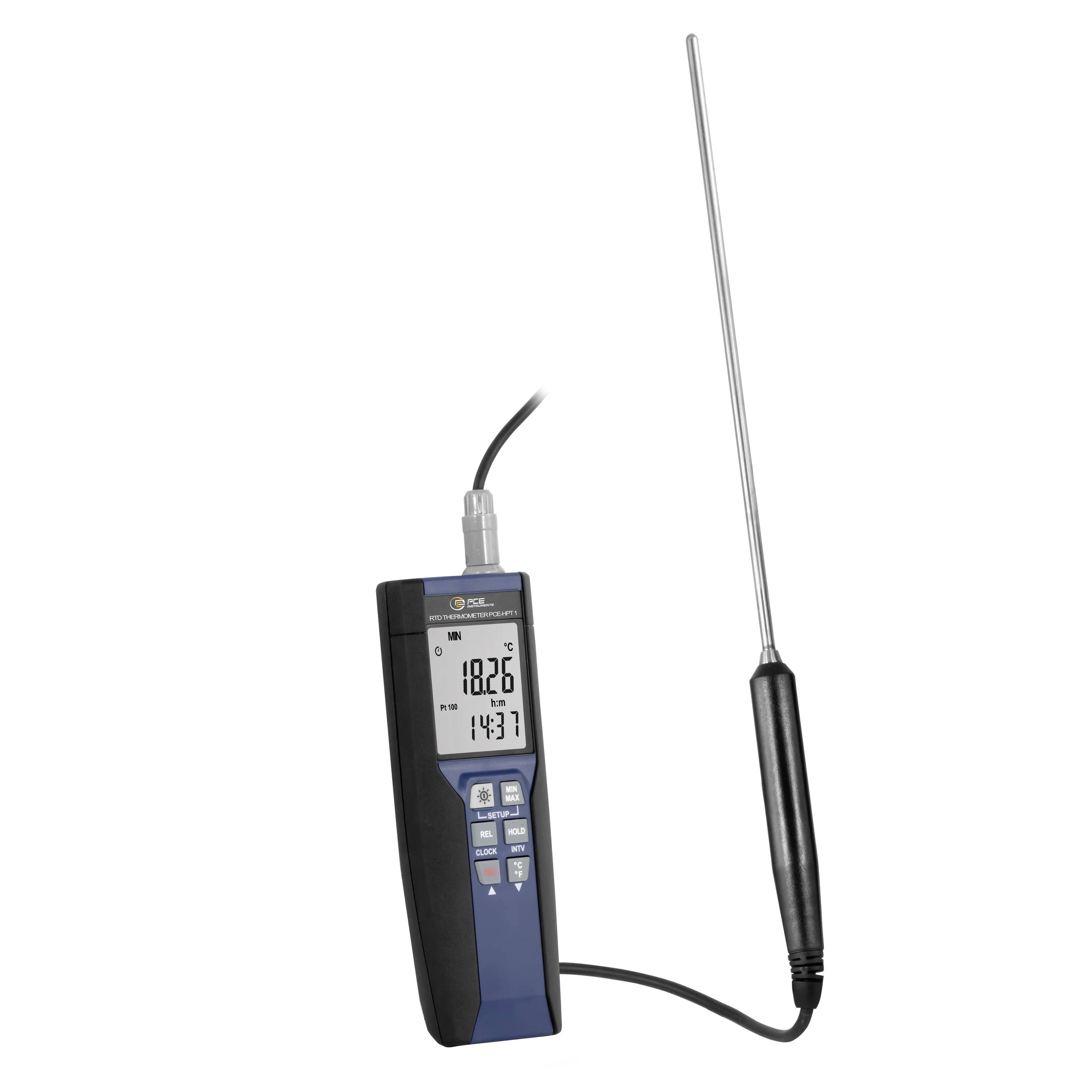 Tragbares digitales Thermometer mit langer Sonde und LCD-Display, das 18,26 und 14,37 anzeigt.