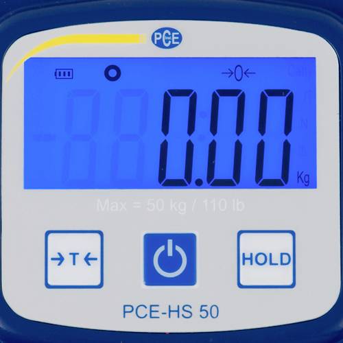 Digitalanzeige einer Waage, zeigt '0.00 kg'. Knöpfe mit Funktionen ‘Tarieren’, ‘Halten’. Marke PCE-HS 50.