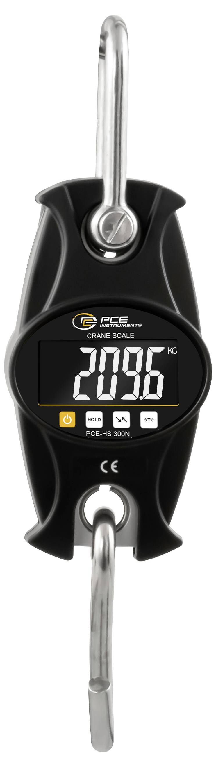 Digitale Hängekranwaage zeigt 209,6 kg an, mit Oberhaken und Unterhaken befestigt.