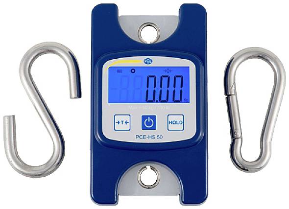 Kompakte digitale Hängewaage mit blauem Display, flankiert von zwei Haken, zeigt 0,00 kg an.