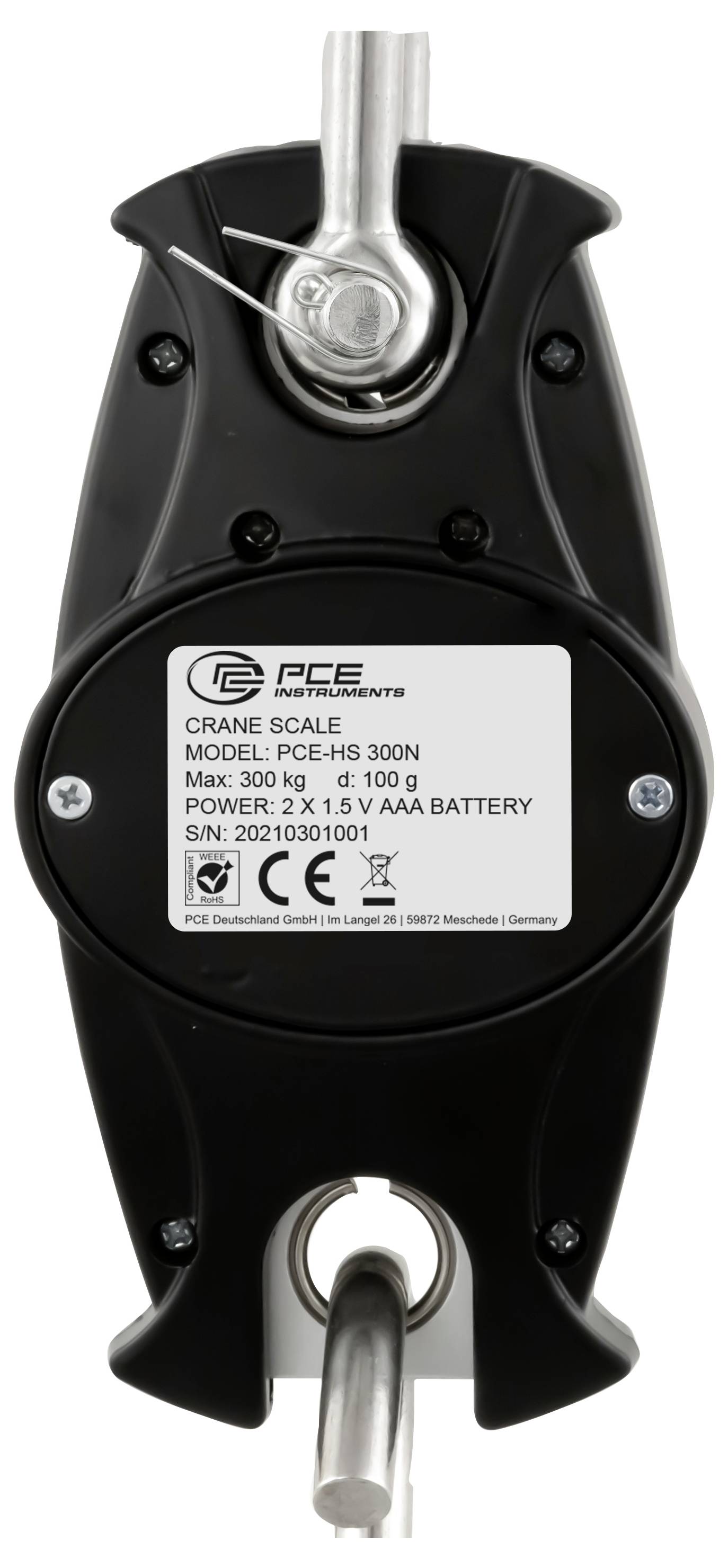 Schwarze PCE-Kranwaage mit Metallhaken oben und unten, gekennzeichnet mit „MODELL: PCE-CS 300N