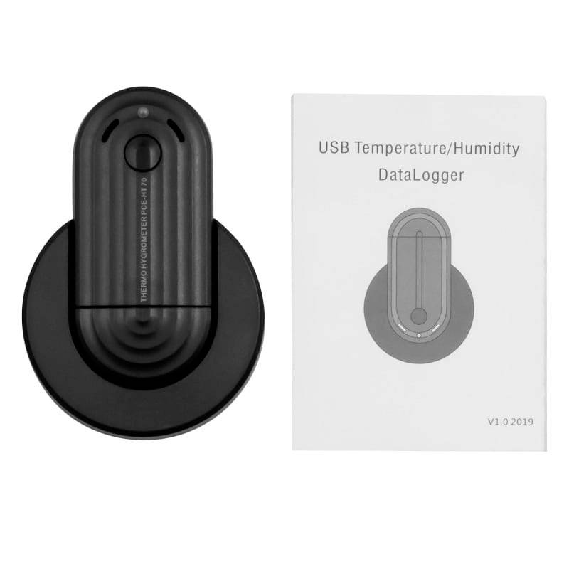 USB-Temperatur-/Feuchtigkeitsdatenlogger neben seiner Produktbox mit der Bezeichnung „USB-Temperatur-/Feuchtigkeitsdatenlogger