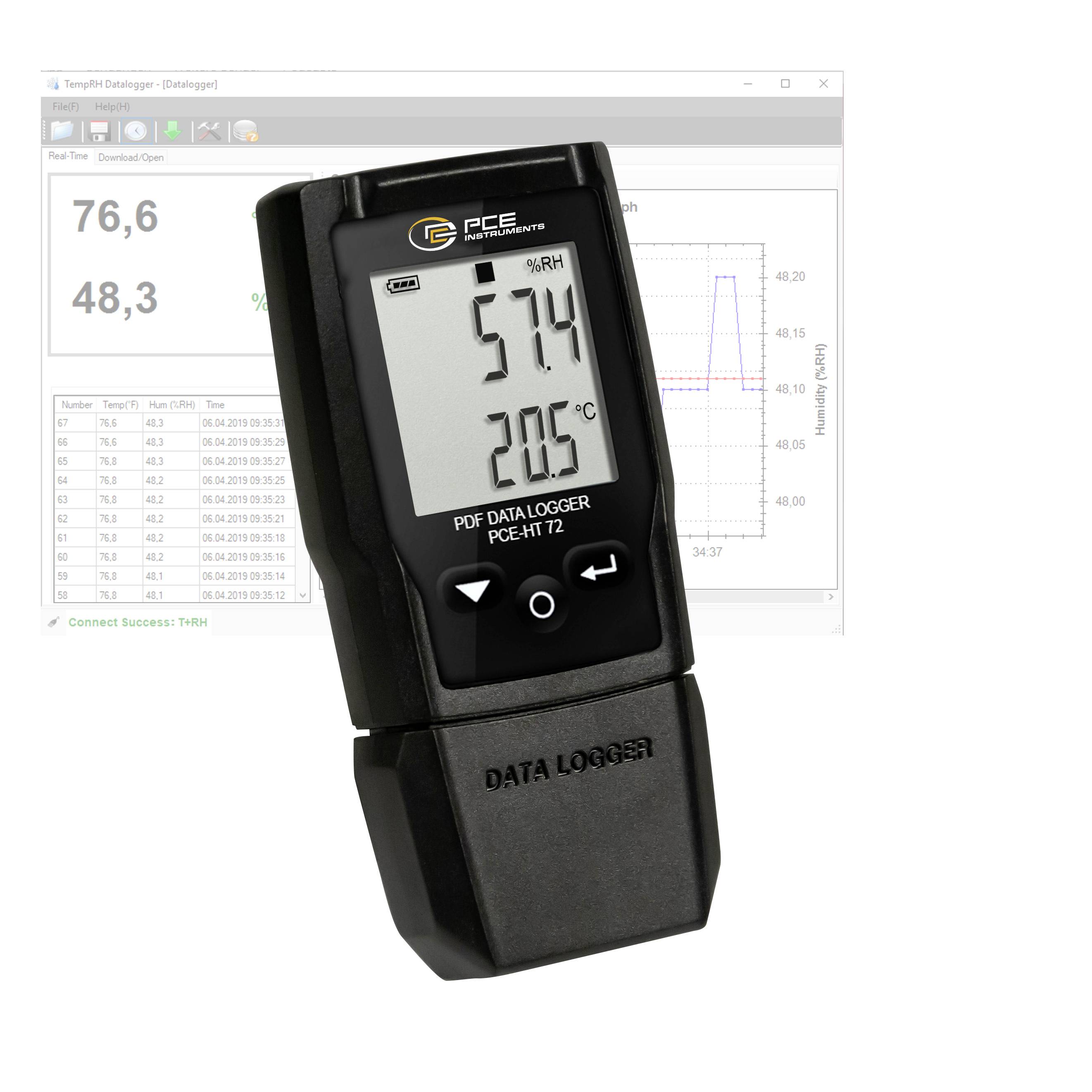 Schwarzer PCE Feuchte- und Temperaturdatenlogger, gezeigt vor seinem Softwarebildschirm, der 57,4% RH und 20,5°C anzeigt.