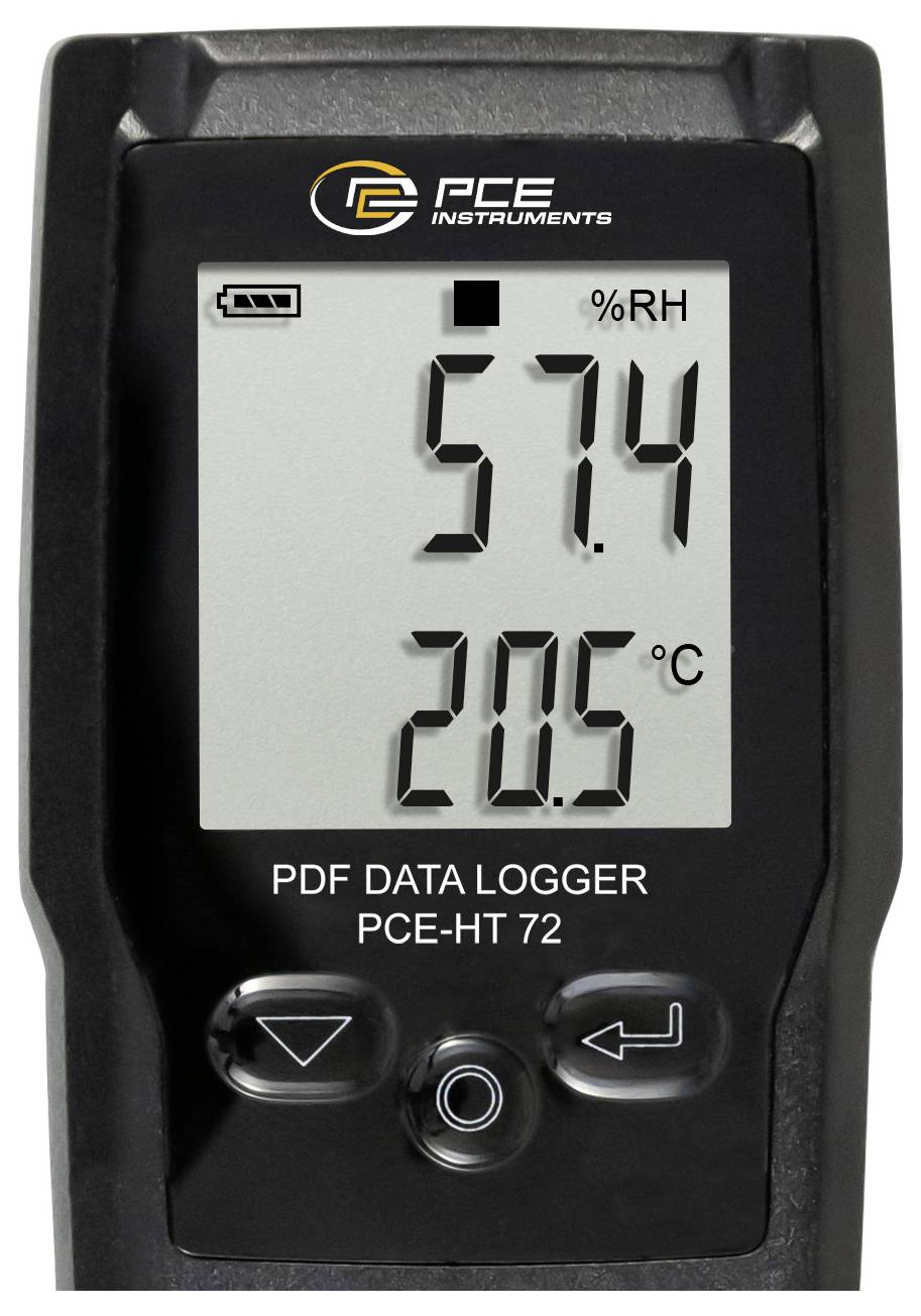 Digitale PCE HT 72 PDF-Datenlogger-Anzeige zeigt 57,4% relative Luftfeuchte und 20,5°C an.