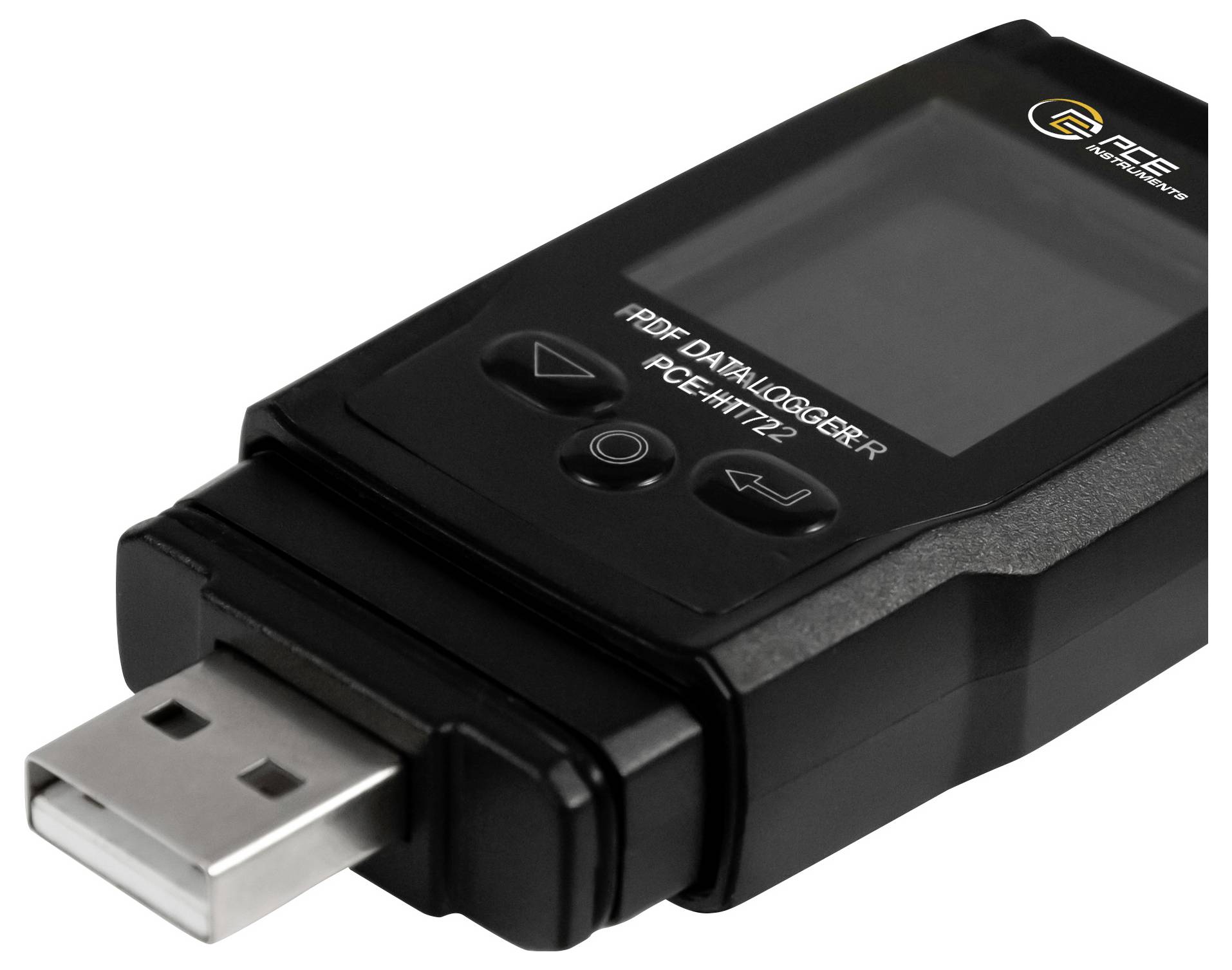 Schwarzes USB-PDF-Datenerfassungsgerät mit Display und drei Tasten, in Schrägansicht mit freiliegendem USB-Stecker dargestellt.