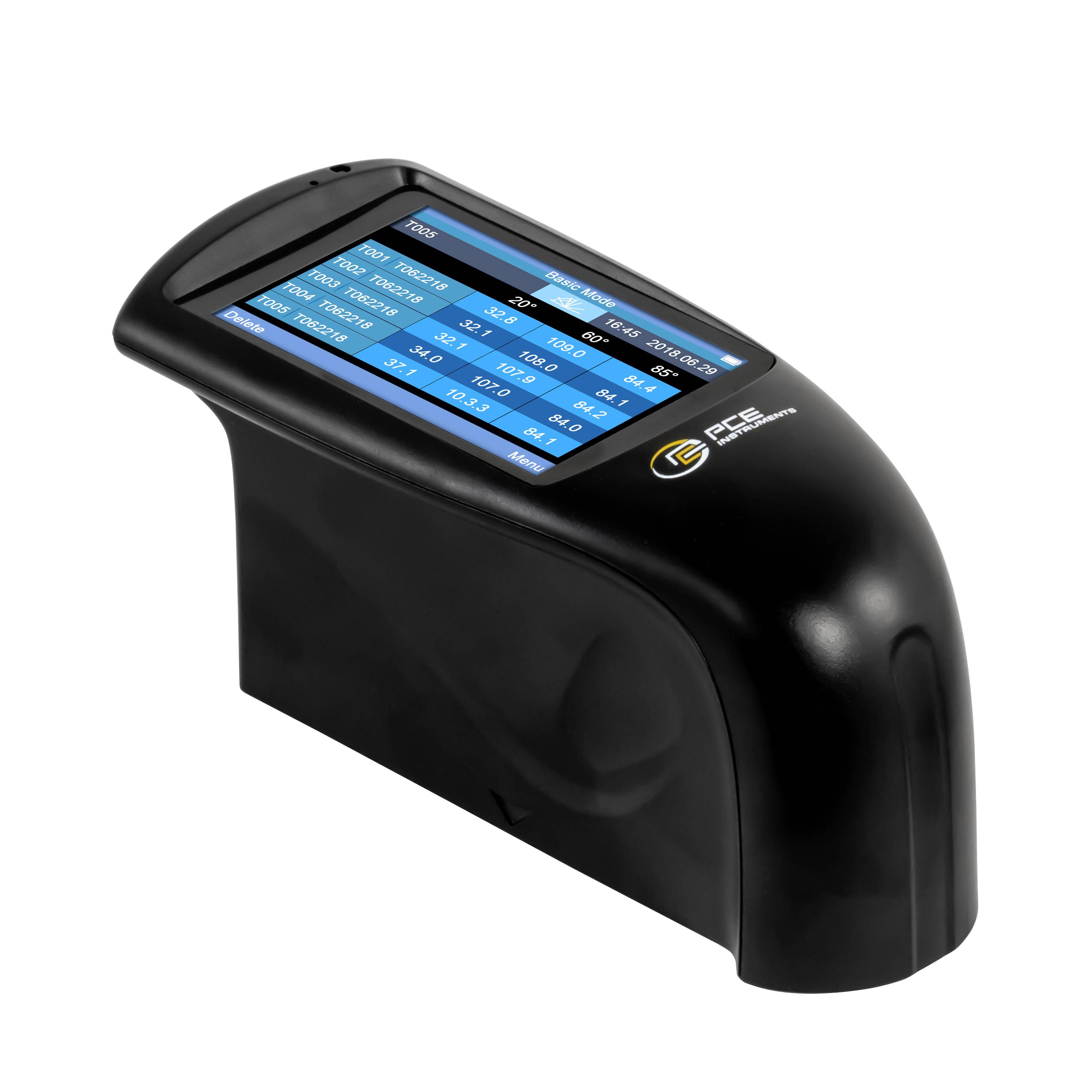 Schwarzes tragbares elektronisches Messinstrument mit blauem Touchscreen-Display, das eine Wertetabelle und das CCE-Logo anzeigt.