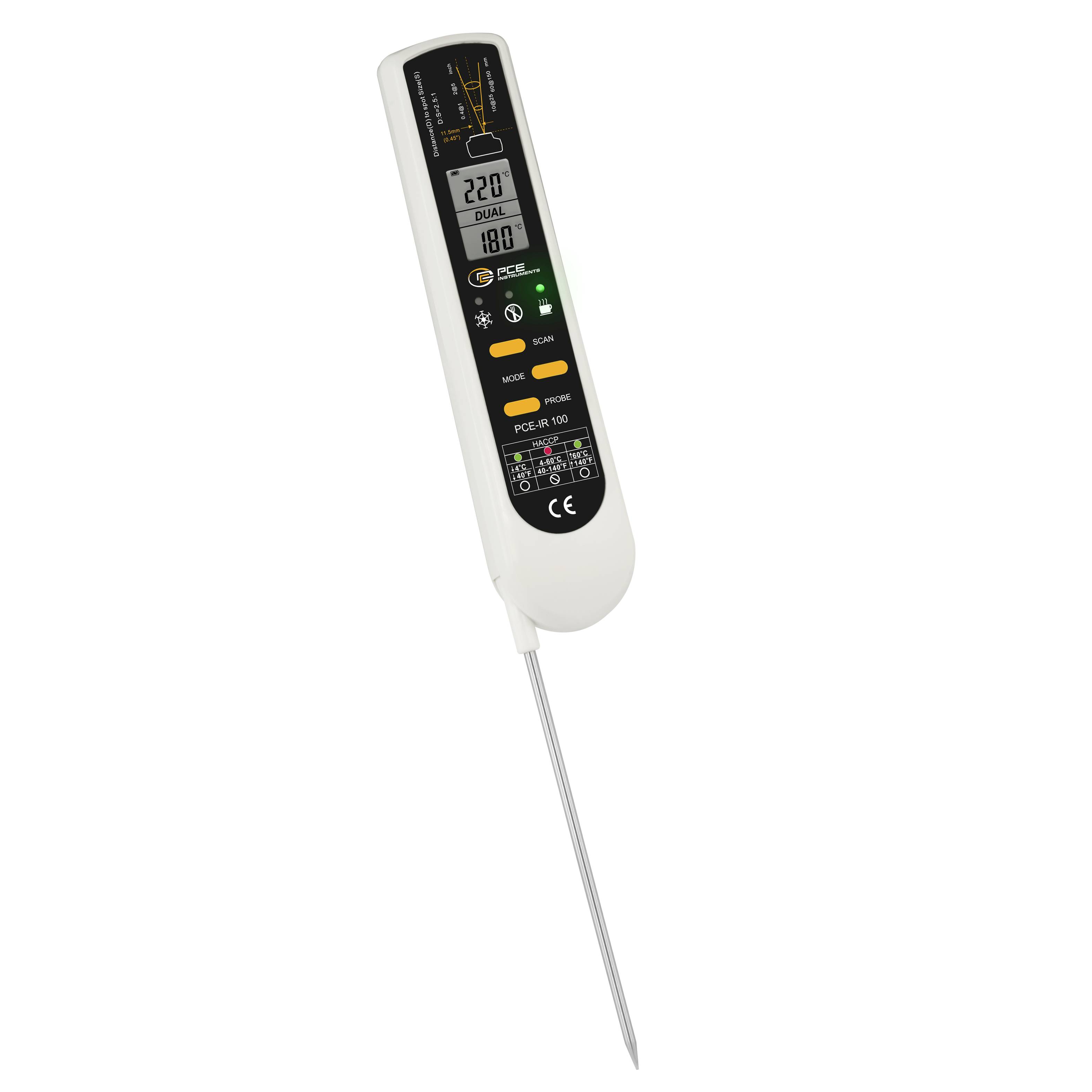 Digitales Bodenfeuchtemessgerät mit Sonde und LCD-Display, zeigt die Messwerte 220 und 180 auf weißem Hintergrund an.