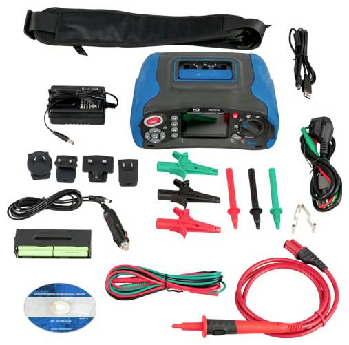 Elektronik-Testset mit blauem tragbarem Gerät, Stromadapter, Kabeln, Klammern, Messspitzen, Tragetasche und CD auf weißem Hintergrund angeordnet.