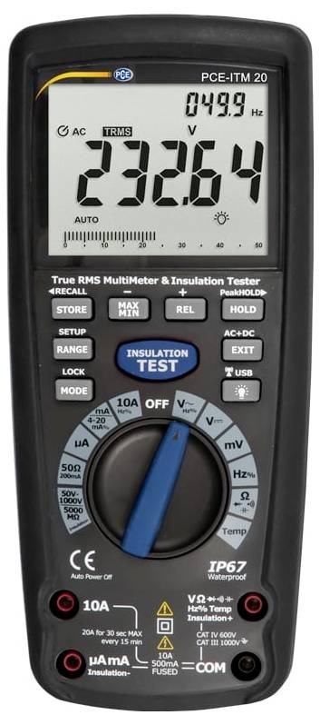 Tragbares digitales Multimeter und Isolationsprüfer zeigt 232,64 V AC und 49,9 Hz an, mit zentralem Wählschalter und Prüftasten.