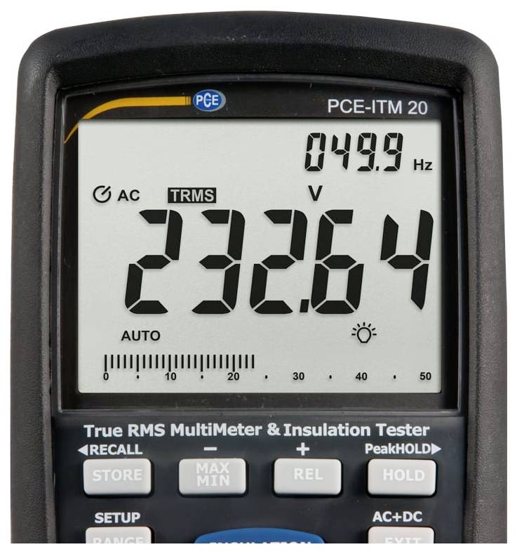 Digitale Multimeter-Anzeige mit AC-True-RMS-Spannung von 232,64 V und Frequenz von 49,9 Hz.