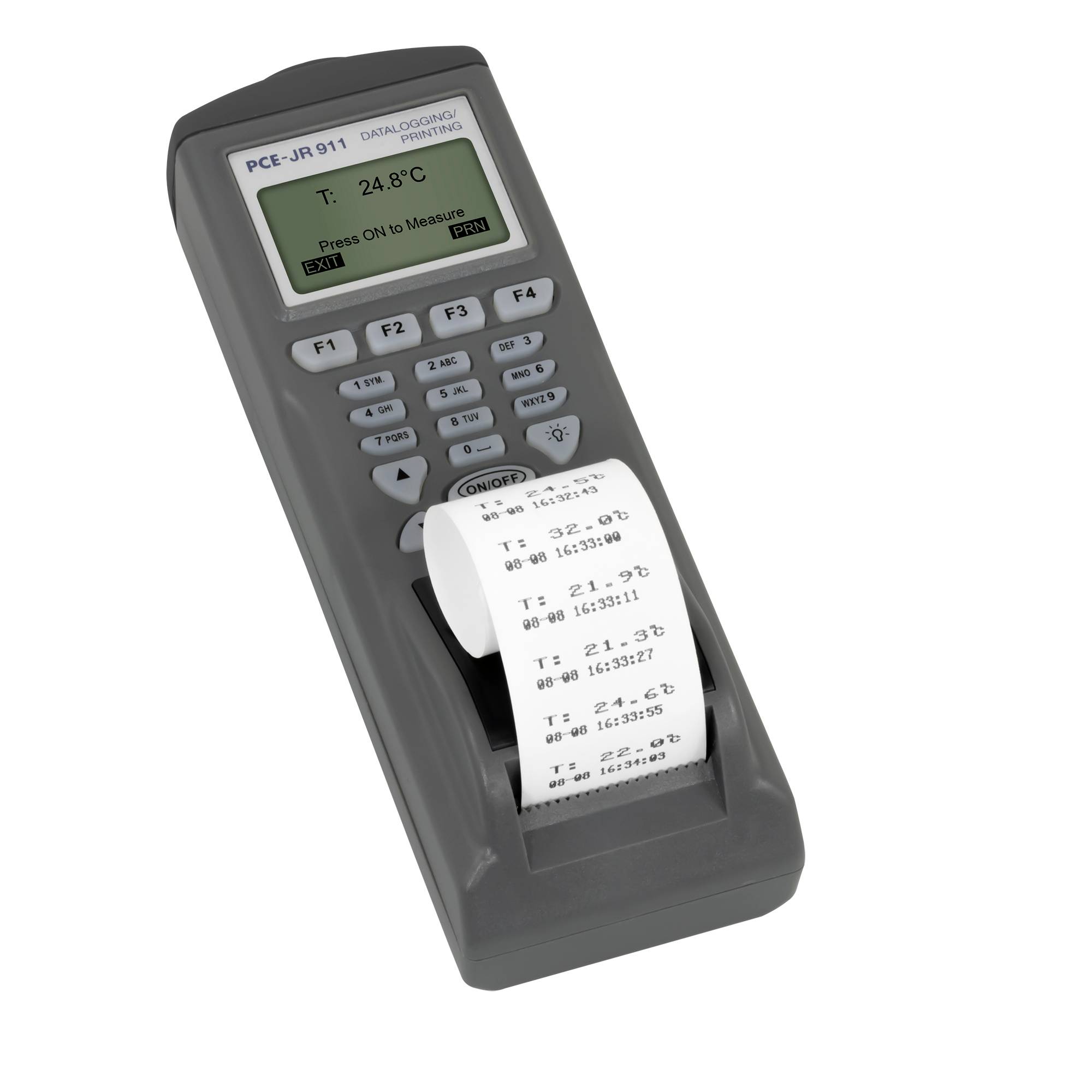 Tragbares digitales Thermometer mit integriertem Drucker, das 24,8°C anzeigt, und ein ausgedruckter Temperaturprotokoll-Streifen.