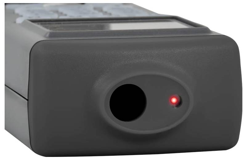 Schwarzes elektronisches Gerät mit einer kreisförmigen Öffnung vorne und einer kleinen roten Kontrollleuchte