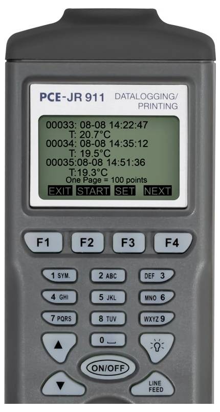Tragbarer PCE-JR 911 Datalogging-Drucker zeigt einen Bildschirm mit protokollierten Temperaturwerten mit Datums- und Zeiteinträgen sowie Menütasten darunter.