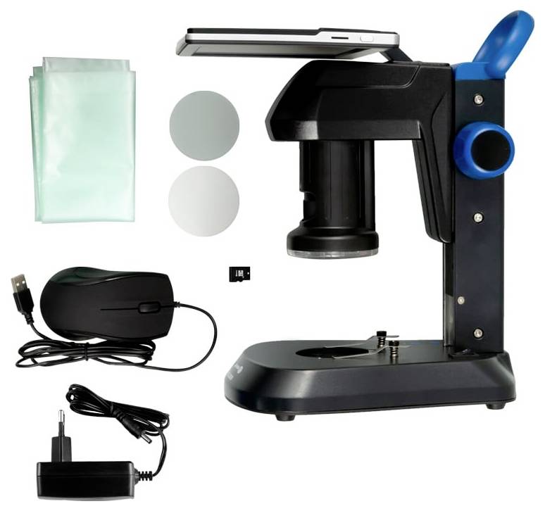 Schwarzes Desktop-Scanner-Kit mit Dokumentenhalter, zwei Reinigungstüchern, USB-Maus-förmigem Zubehör, Stromadapter und zwei runden Scheiben auf weißem Hintergrund