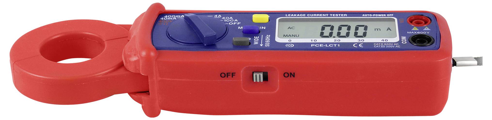Rote digitale Stromzangenmesser mit LCD-Display und roten/schwarzen Eingangsbuchsen, zeigt 0,00 mA an.