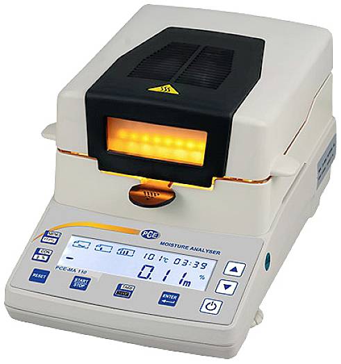 Ein digitales Feuchtigkeitsmessgerät zeigt 10,1 Grad Celsius und 0,11 Prozent Feuchtigkeit an. Das Display enthält mehrere Bedienknöpfe.