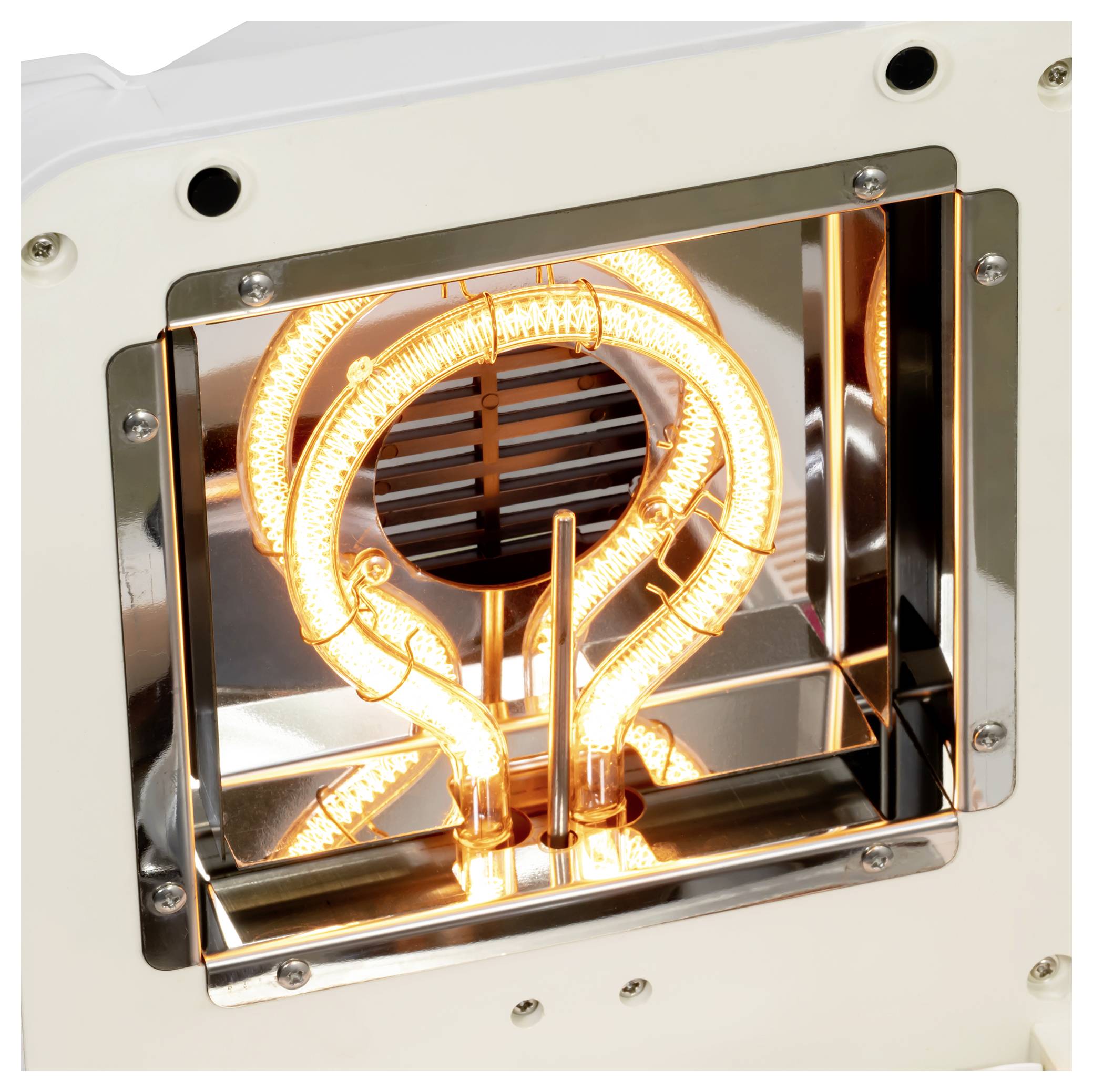 Nahaufnahme eines leuchtenden elektrischen Heizelementes in einem Metallgehäuse, das eine helle Spule hinter einem Schutzgitter zeigt.