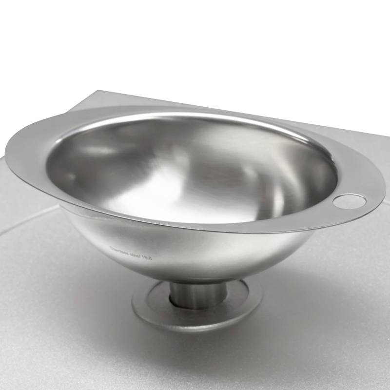 Eine runde Edelstahlspüle mit modernem Design, eingebaut in eine metallische Arbeitsplatte. Ideal für Küchenumgebungen.