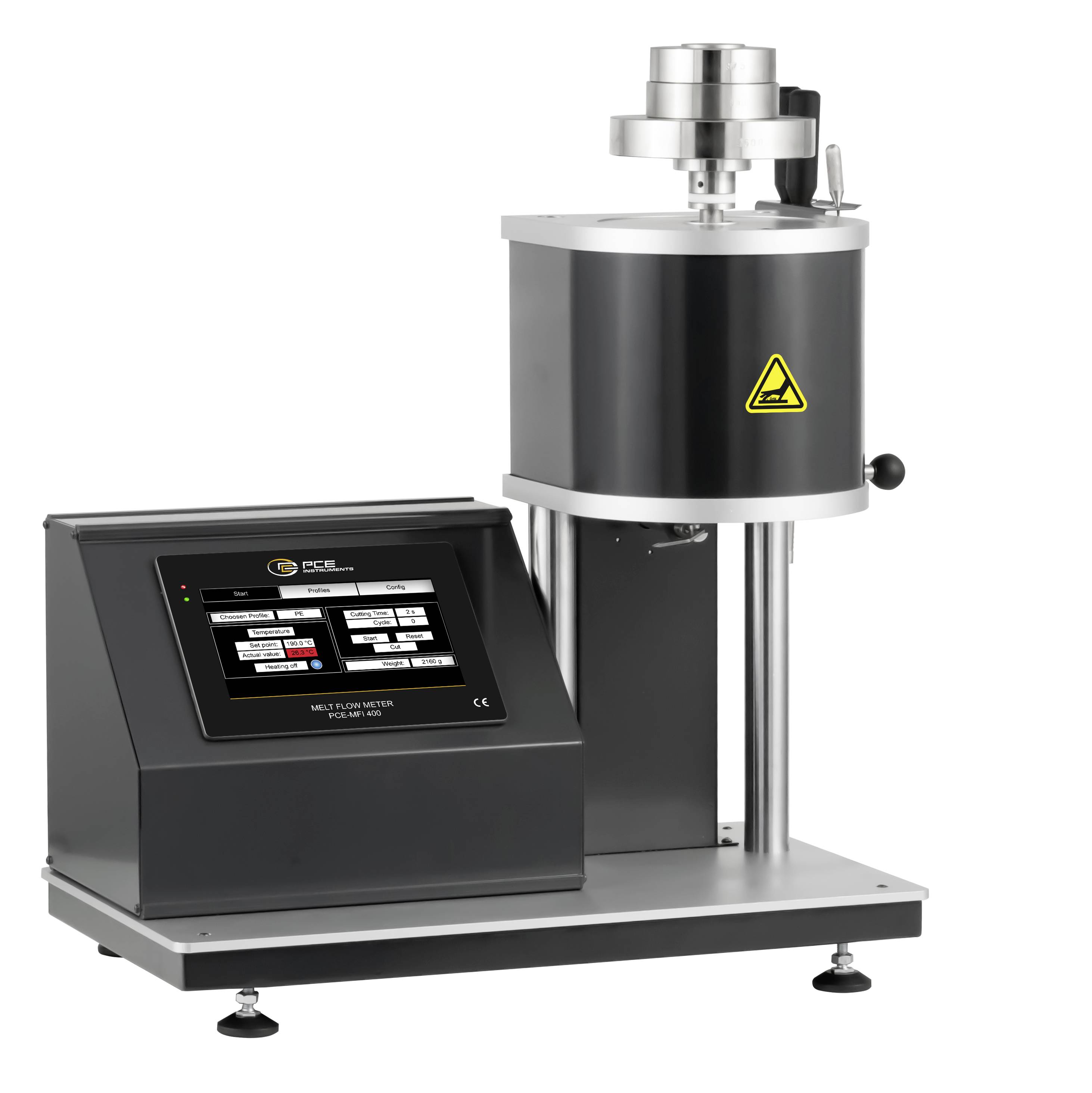 Laborviskosimeter oder Mischgerät mit Touchscreen-Bedienfeld und vertikaler Testkammer auf einem Tischständer.
