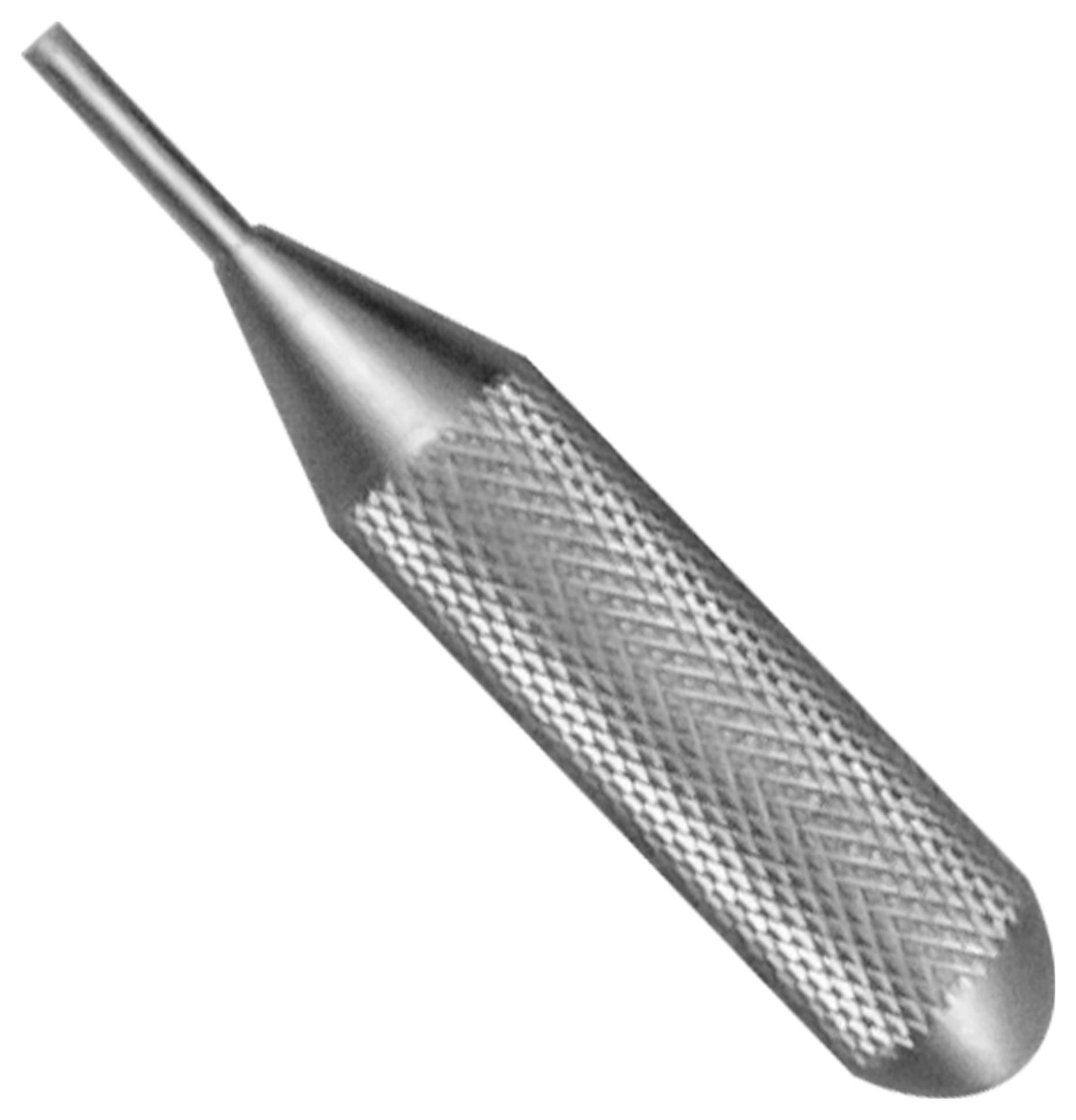 Ein Metallchirurgieinstrument für die Hand mit strukturierter Grifffläche und schmalem spitzem Ende, dargestellt auf einem einfachen weißen Hintergrund.