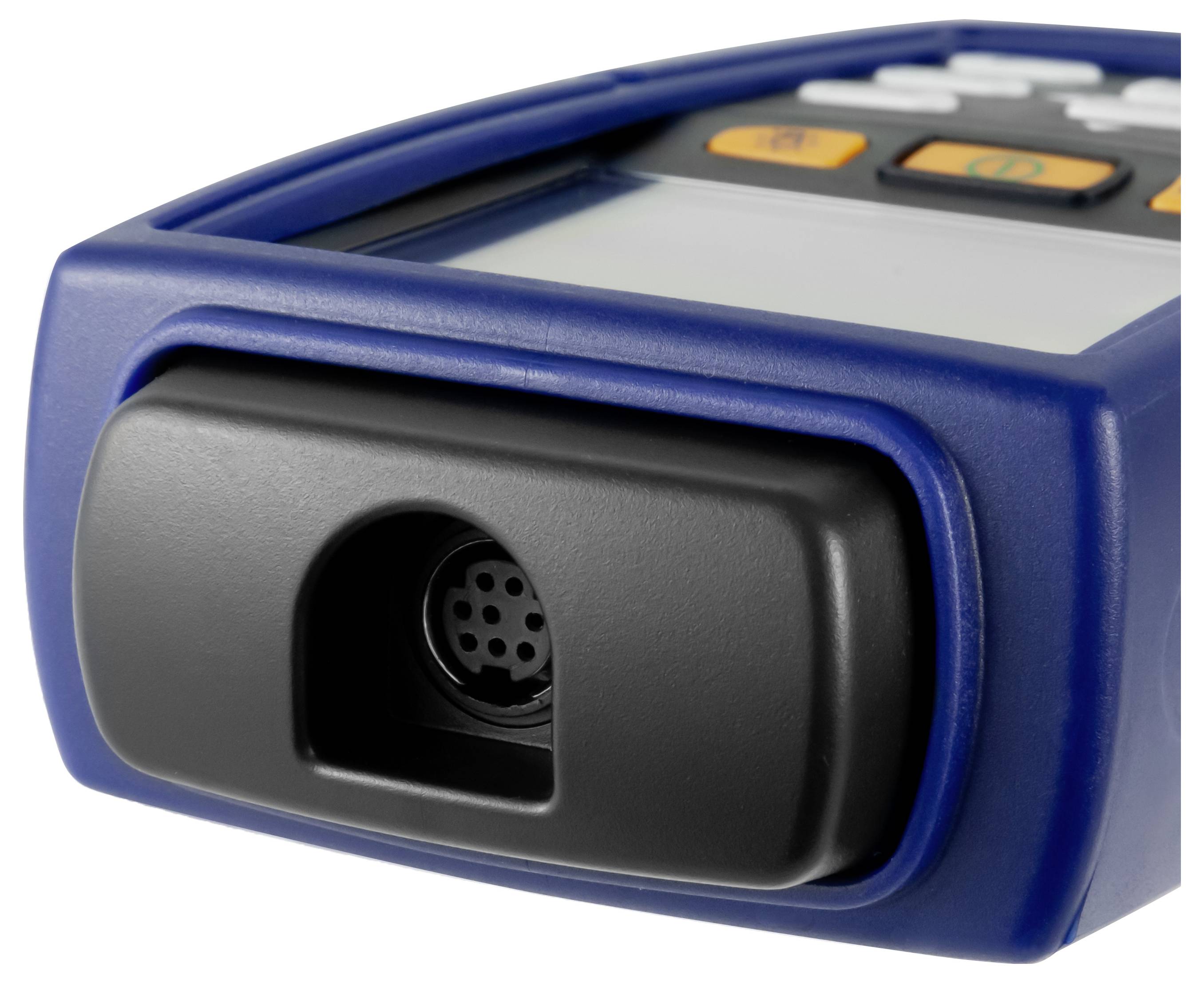 Nahaufnahme eines blauen tragbaren elektronischen Geräts mit kleinem Display, Tasten und einer vorderen Anschlussöffnung oder Sensoröffnung.