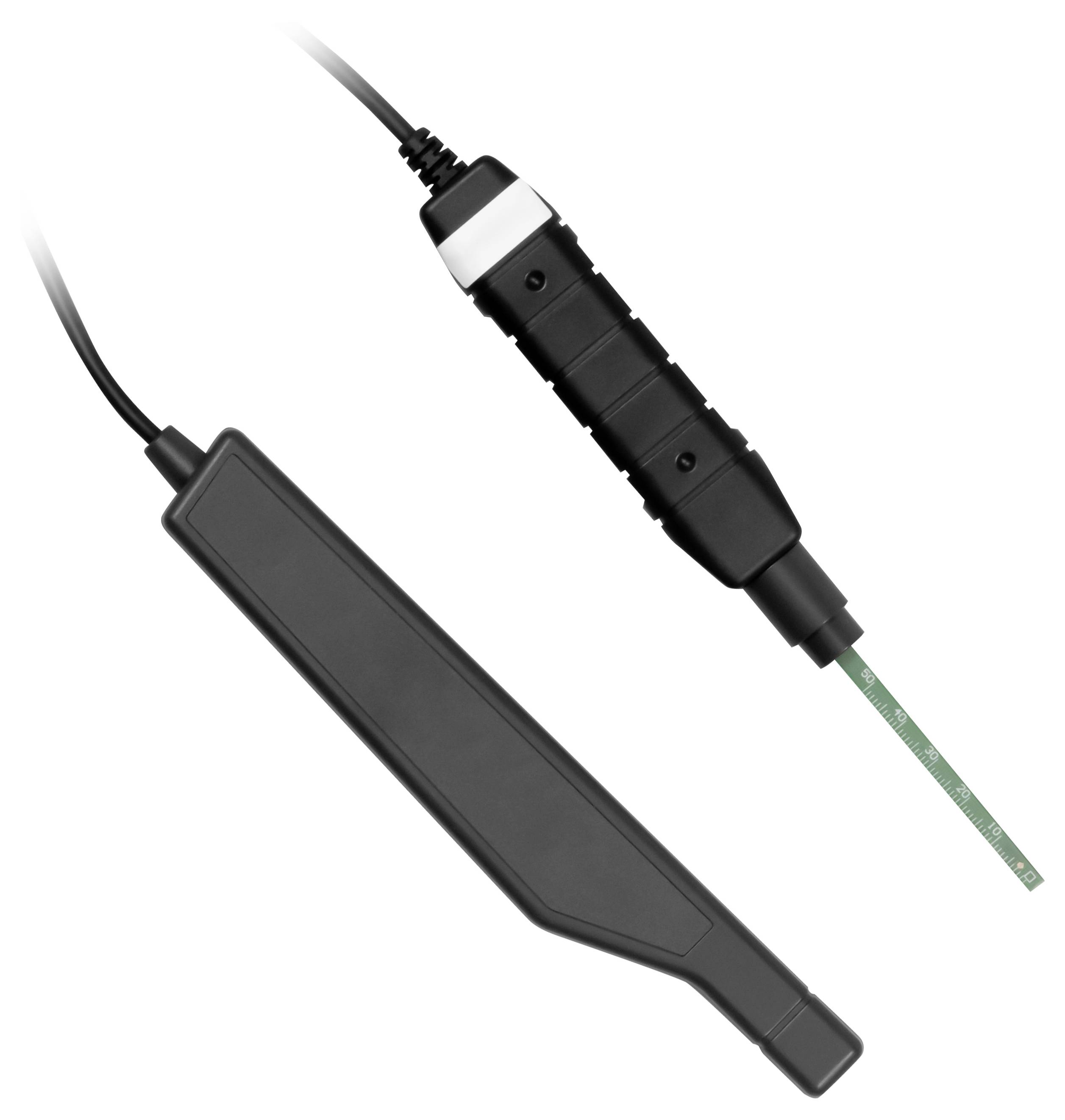 Schwarzer Inline-Kabelstecker mit einem schlanken rechteckigen Modul und einer tragbaren Sonde, die zu einer Leiterplatte führt, shown on a white background.