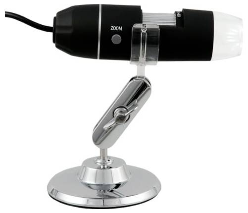 Schwarz-weißer USB-Webcam mit einer 'ZOOM'-Taste, montiert auf einem silbernen verstellbaren Ständer vor einem weißen Hintergrund.