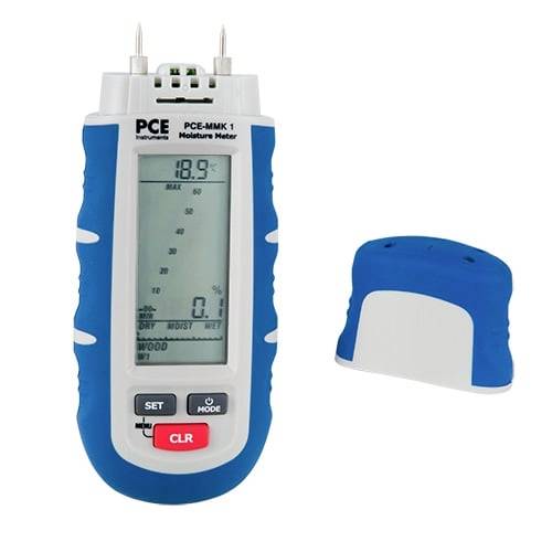 PCE-Feuchtemessgerät mit LCD-Display und zwei Metallsonden, daneben mit blauer Schutzkappe abgebildet.
