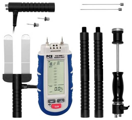 Tragbares Feuchtemessgerät-Set mit Display, Sensorsonden und austauschbaren Aufsätzen zum Testen von Holz- oder Baumaterialien.