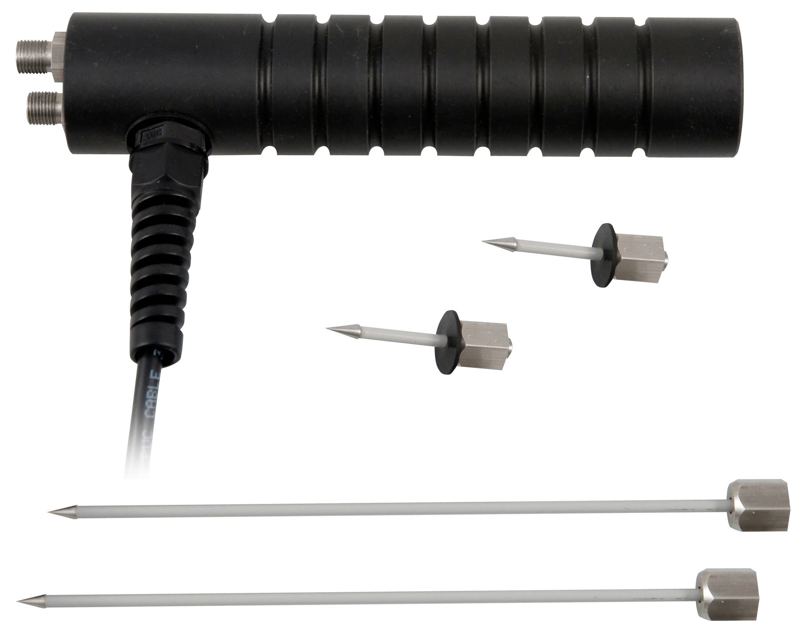 Schwarzer zylindrischer Ultraschallsensor mit Kabel und zwei Befestigungsstutzen, dargestellt mit Metallstiften/Befestigungselementen unterschiedlicher Länge auf weißem Hintergrund.