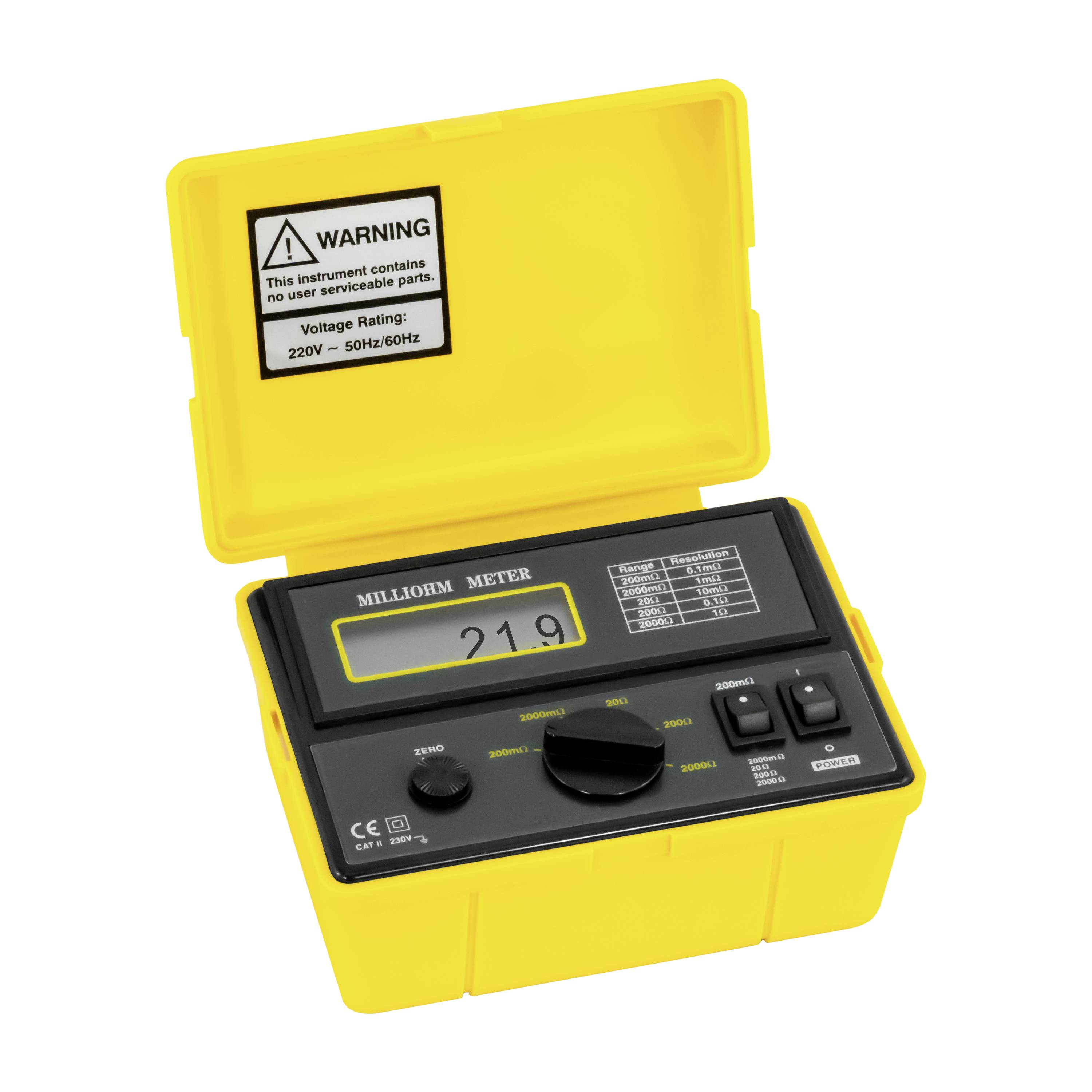 Tragbares Milliohmmeter in Gelb mit offener Abdeckung, digitale Anzeige zeigt 21,9 an, und Warnschild im Deckelinneren.