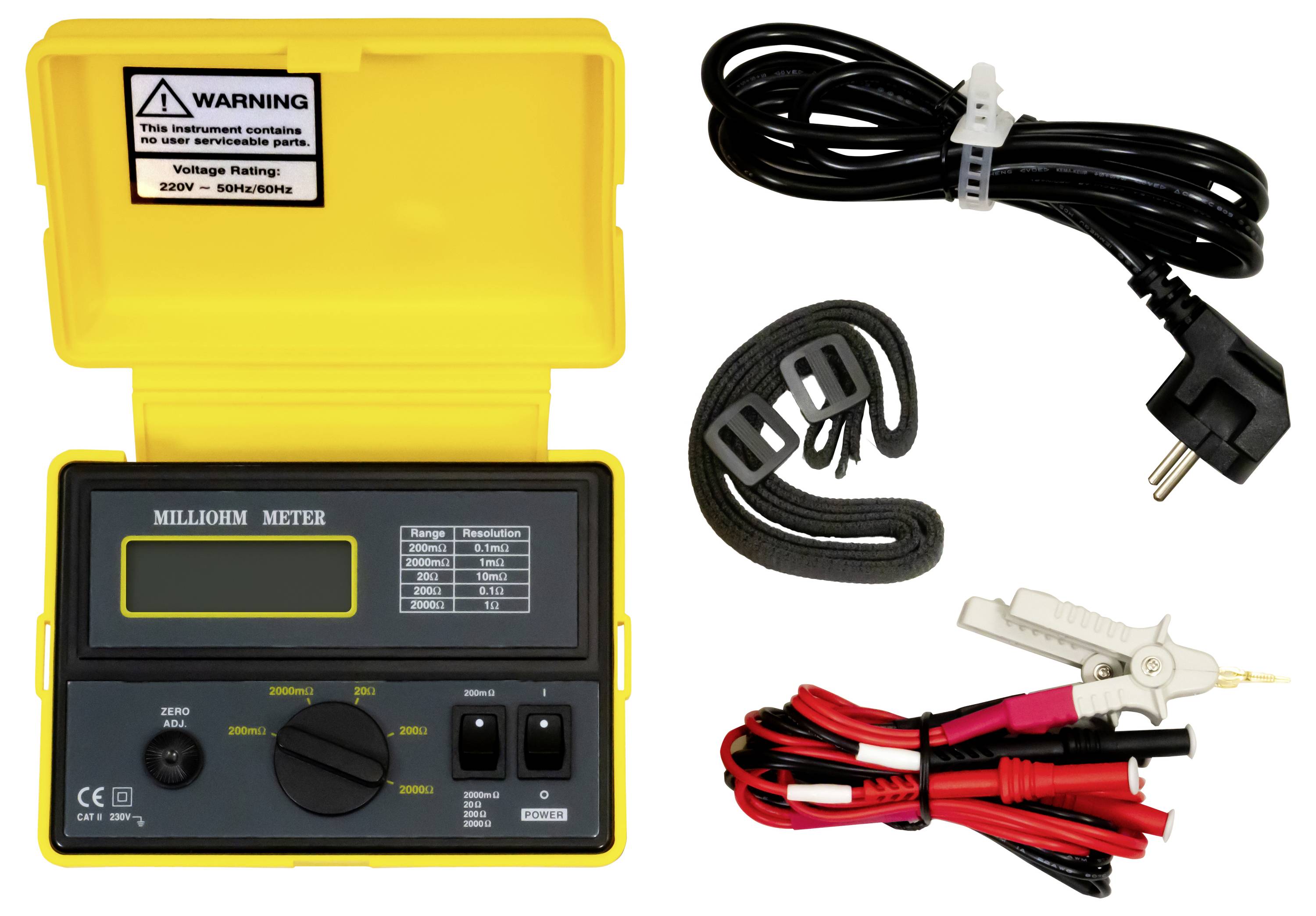 Gelbes Milliohm-Messgerät mit Display und Bedienungselementen, dargestellt mit Netzkabel, Trageband und Messleitungen/Zubehör.